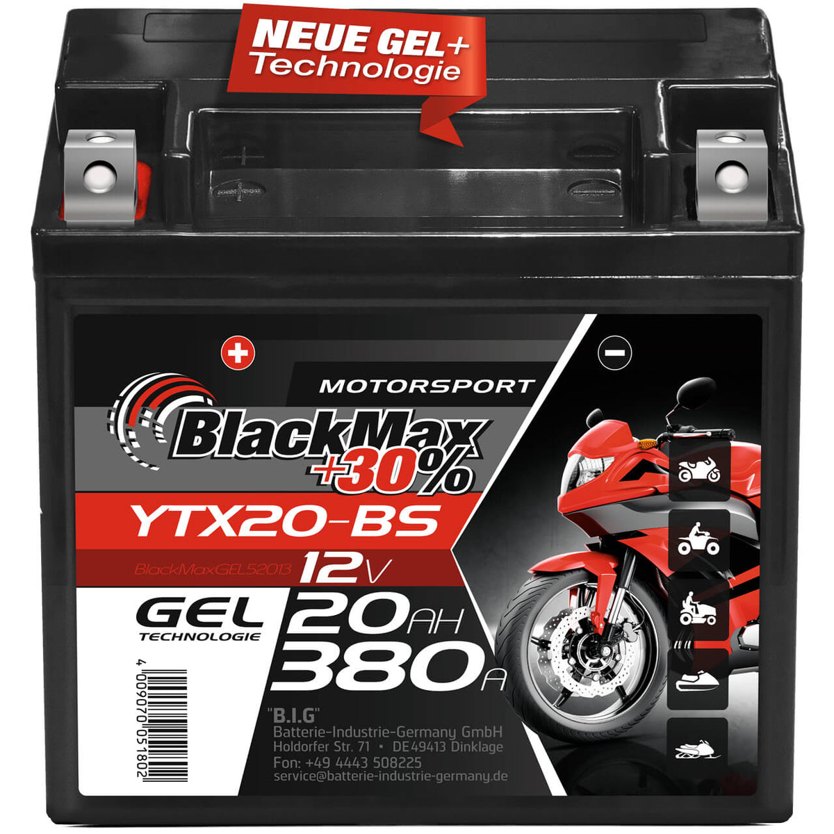Motorradbatterie BlackMax Motorsport GEL YTX20-BS 52013 12V 20Ah Front