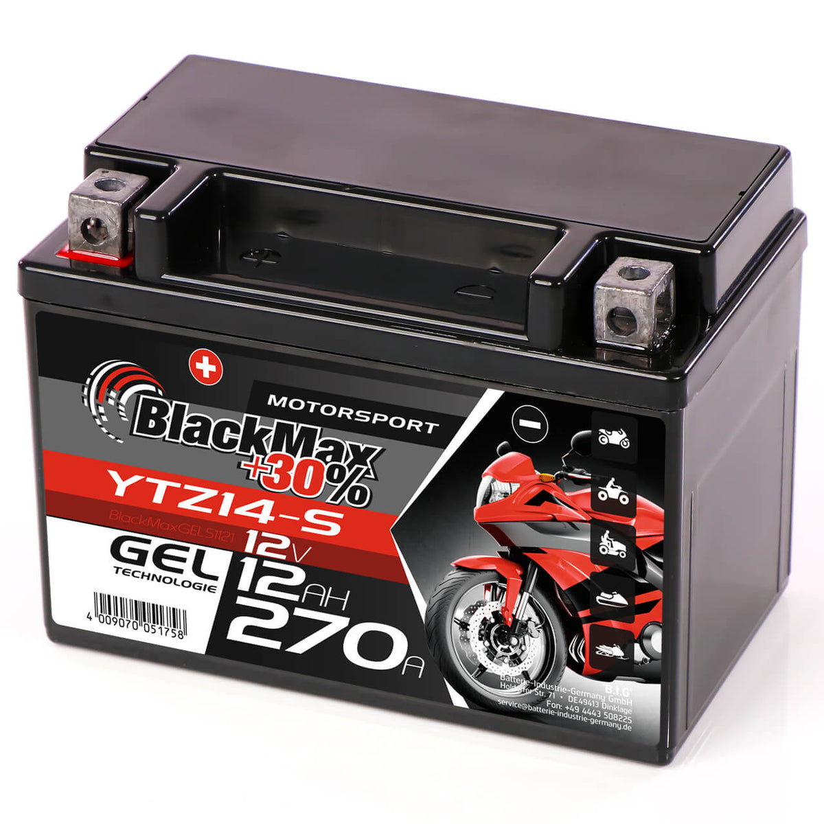 Motorradbatterie BlackMax Motorsport GEL YTZ14S 51121 12V 12Ah Seite rechts