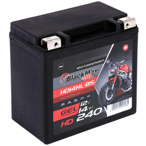 Motorradbatterie BlackMax Motorsport GEL HD14HL-BS 12V 14Ah Seite links