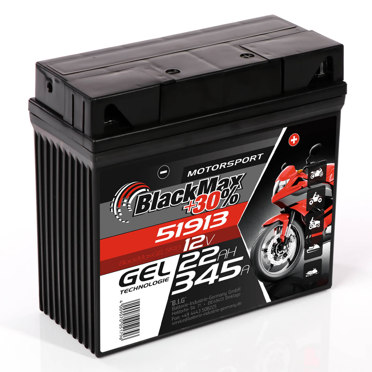 Motorradbatterie BlackMax Motorsport GEL 51913 12V 22Ah Seite links