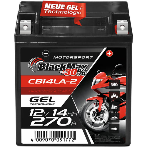 BlackMax +30% Motorsport YB14LA-2 51411 GEL 12V 14Ah 270A/EN Motorradbatterie