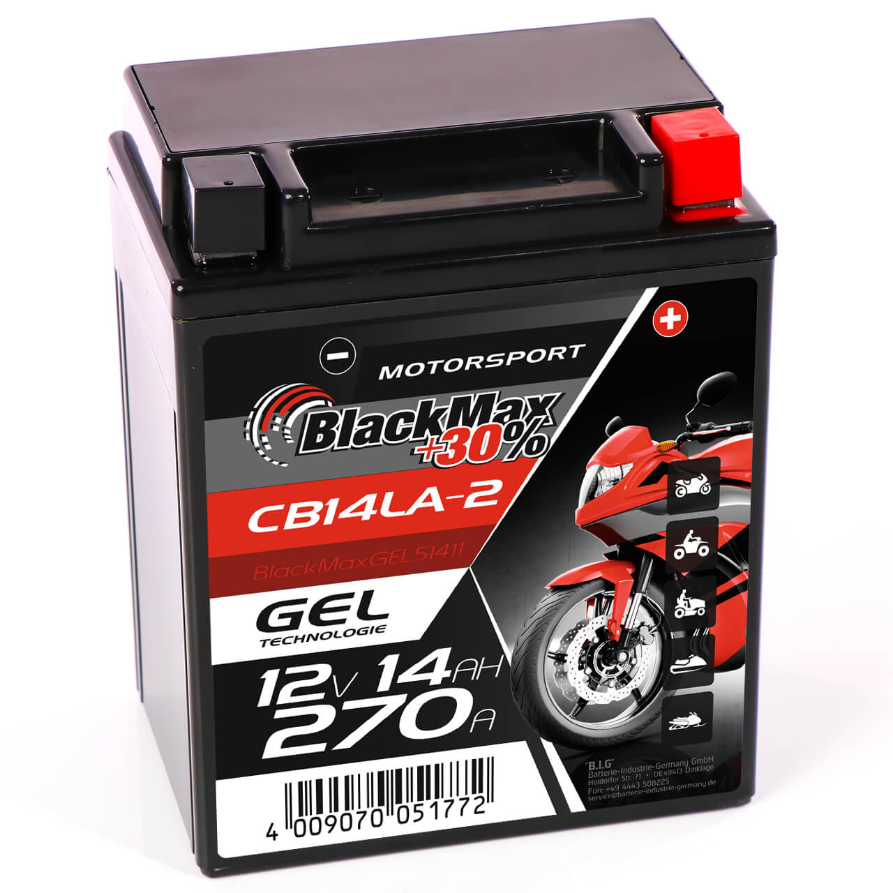 Motorradbatterie BlackMax Motorsport GEL YB14LA-2 51411 12V 14Ah Seite links