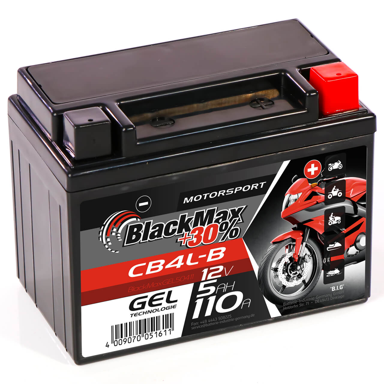Motorradbatterie BlackMax Motorsport GEL YB4L-B 50411 12V 5Ah Seite links
