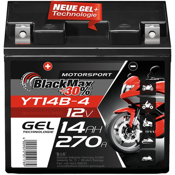 BlackMax +30% Motorsport YT14B-4 51422 GEL 12V 14Ah 270A/EN Motorradbatterie