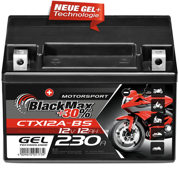 BlackMax +30% Motorsport YTX12A-BS 51013 GEL 12V 12Ah 230A/EN Motorradbatterie