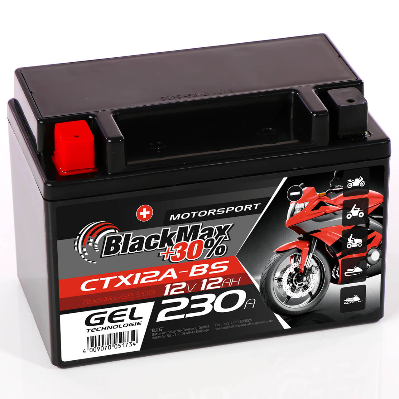 Motorradbatterie BlackMax Motorsport GEL YTX12A-BS 51013 12V 12Ah Seite links