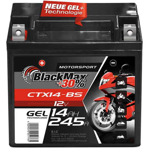 BlackMax +30% Motorsport YTX14-BS 51214 GEL 12V 14Ah 245A/EN Motorradbatterie