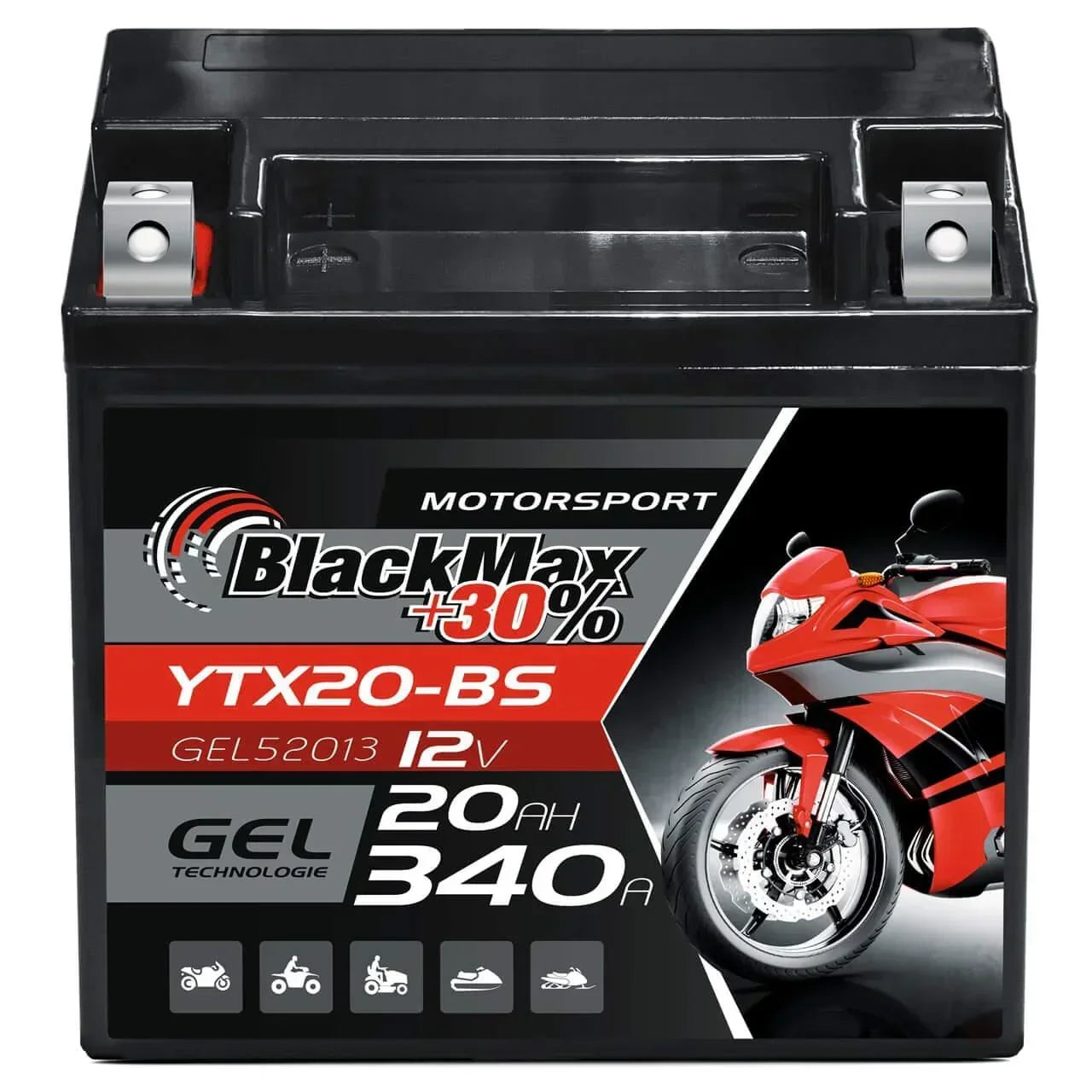 Motorradbatterie BlackMax Motorsport GEL YTX20-BS 52013 12V 20Ah Front