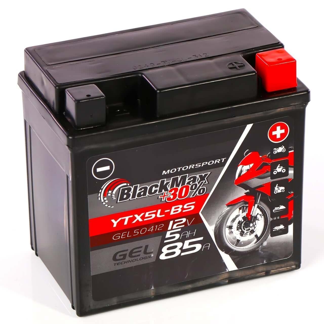 Motorradbatterie BlackMax Motorsport GEL YTX5L-BS 50412 12V 5Ah Seite links