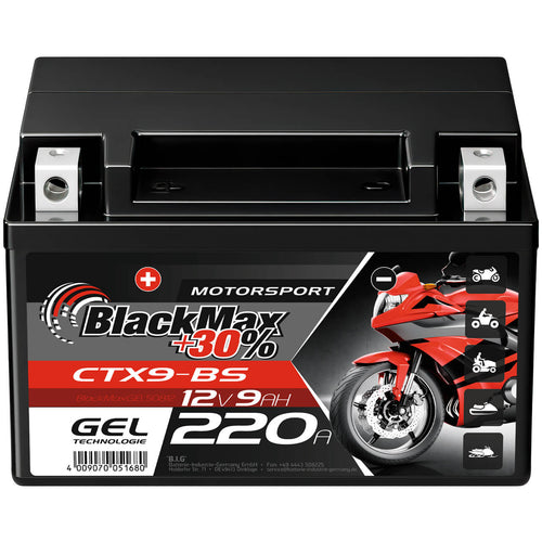 BlackMax +30% Motorsport YTX9-BS 50812 GEL 12V 9Ah 220A/EN Motorradbatterie