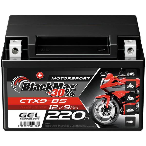 BlackMax +30% Motorsport YTX9-BS 50812 GEL 12V 9Ah 220A/EN Motorradbatterie