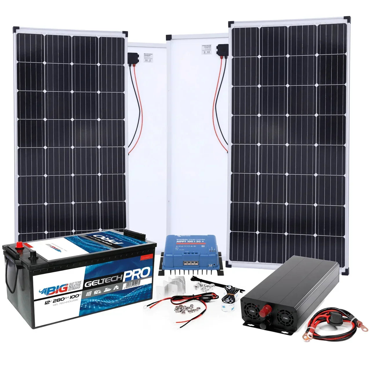 BIG Power Grid Solaranlage 12V 1500W Inverter + 2x 170W Panel Monokristallin + Victron Smart Solar MPPT 100/30